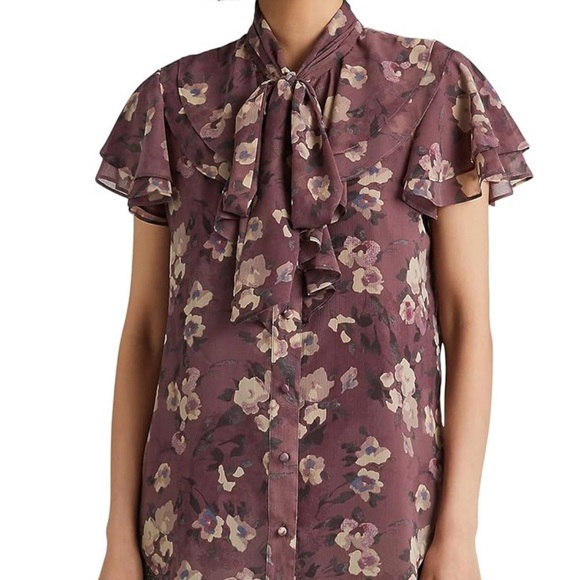 Lauren Ralph Lauren Floral Tie Neck Georgette Blouse Purple Multi Size Large - Picture 1 of 11